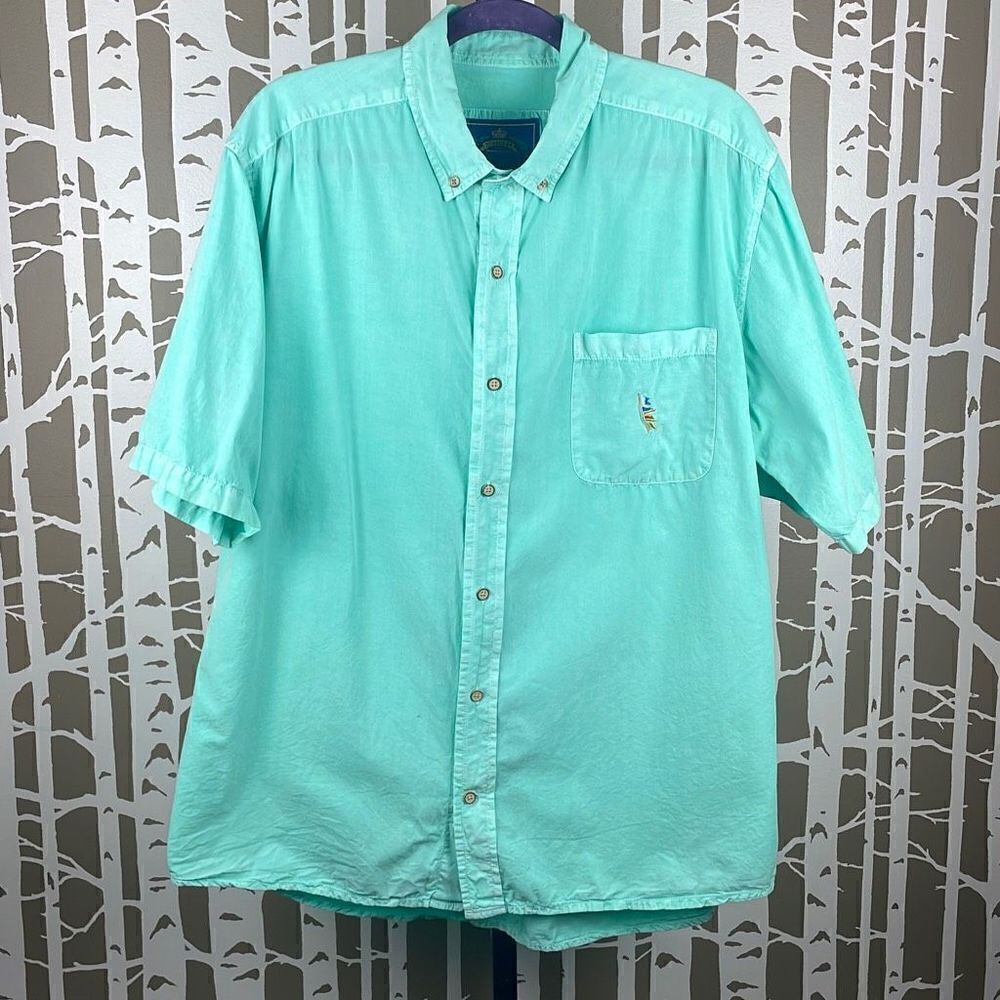 Pussers Aqua Distressed Wash Embroidered Nautical Flags Button Up Shirt XL